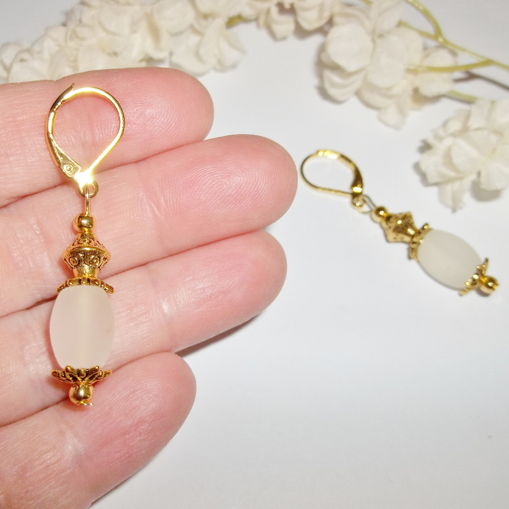 Earring Set White Frost Beach Glass & Gold 4542 - Picture 5 of 6